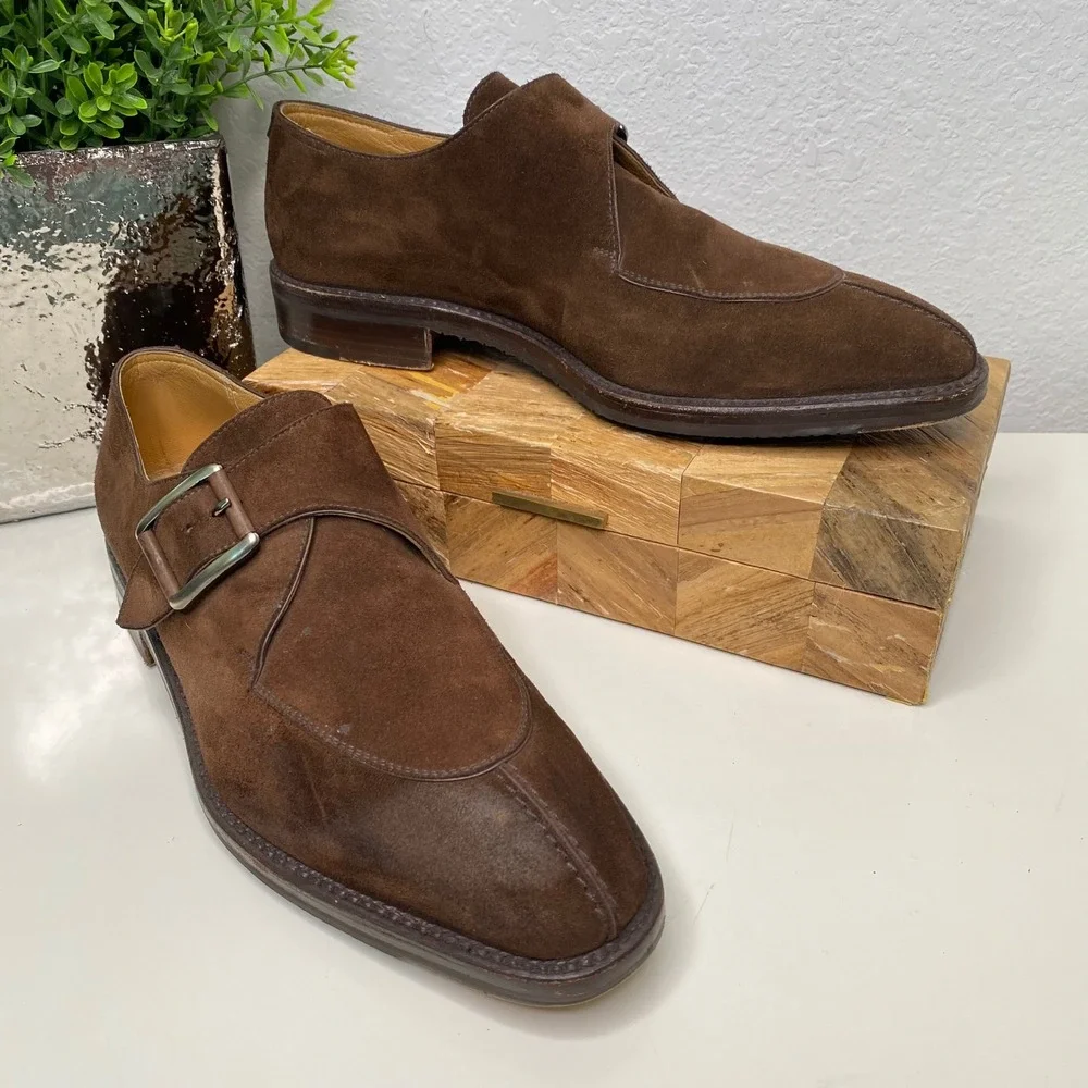 Gravati Split Toe Monk Strap Suede Dress Shoes Mens 8.5M Brown Leather Italy - Picture 1 of 12
